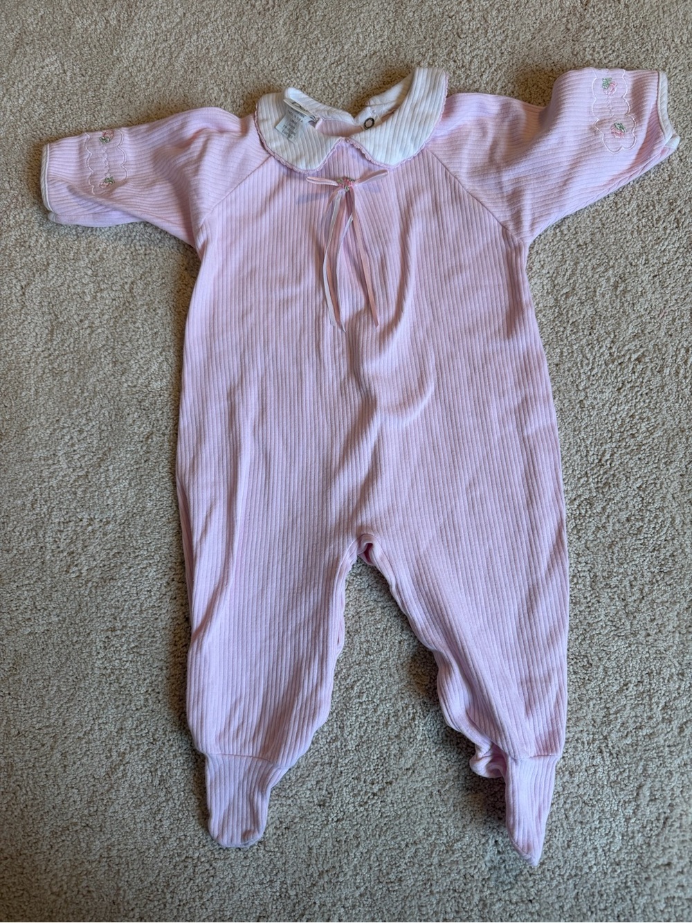 Vintage Baby Dior Pink Ribbed Footed One-Piece with Peter Pan Collar 100% cotton